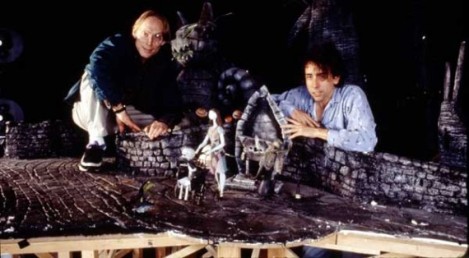 Henry Selick and Tim Burton on a Halloween Town set.