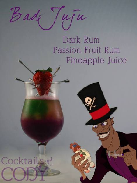 This is a combination of a shot of dark rum (he recommends Meyers), a shot of passion fruit rum, and mixed with pineapple juice. It's layered and inspired by a hurricane. Garnish with a voodoo strawberry!